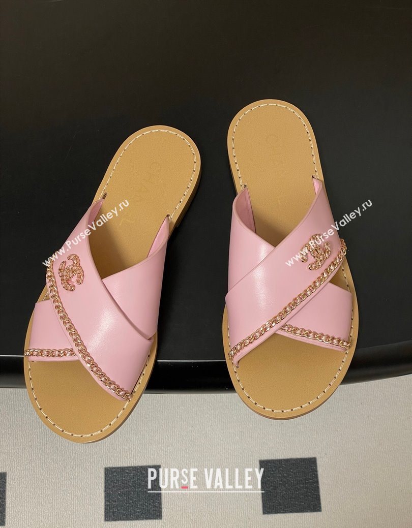 Chanel Calfskin Leather Flat Slides Sandal with Chain Pink 2025 G46976 (KL-251223103)