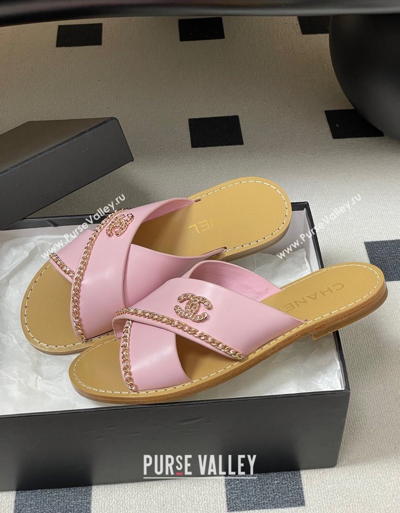 Chanel Calfskin Leather Flat Slides Sandal with Chain Pink 2025 G46976 (KL-251223103)