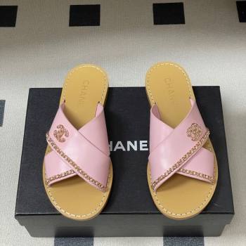 Chanel Calfskin Leather Flat Slides Sandal with Chain Pink 2025 G46976 (KL-251223103)