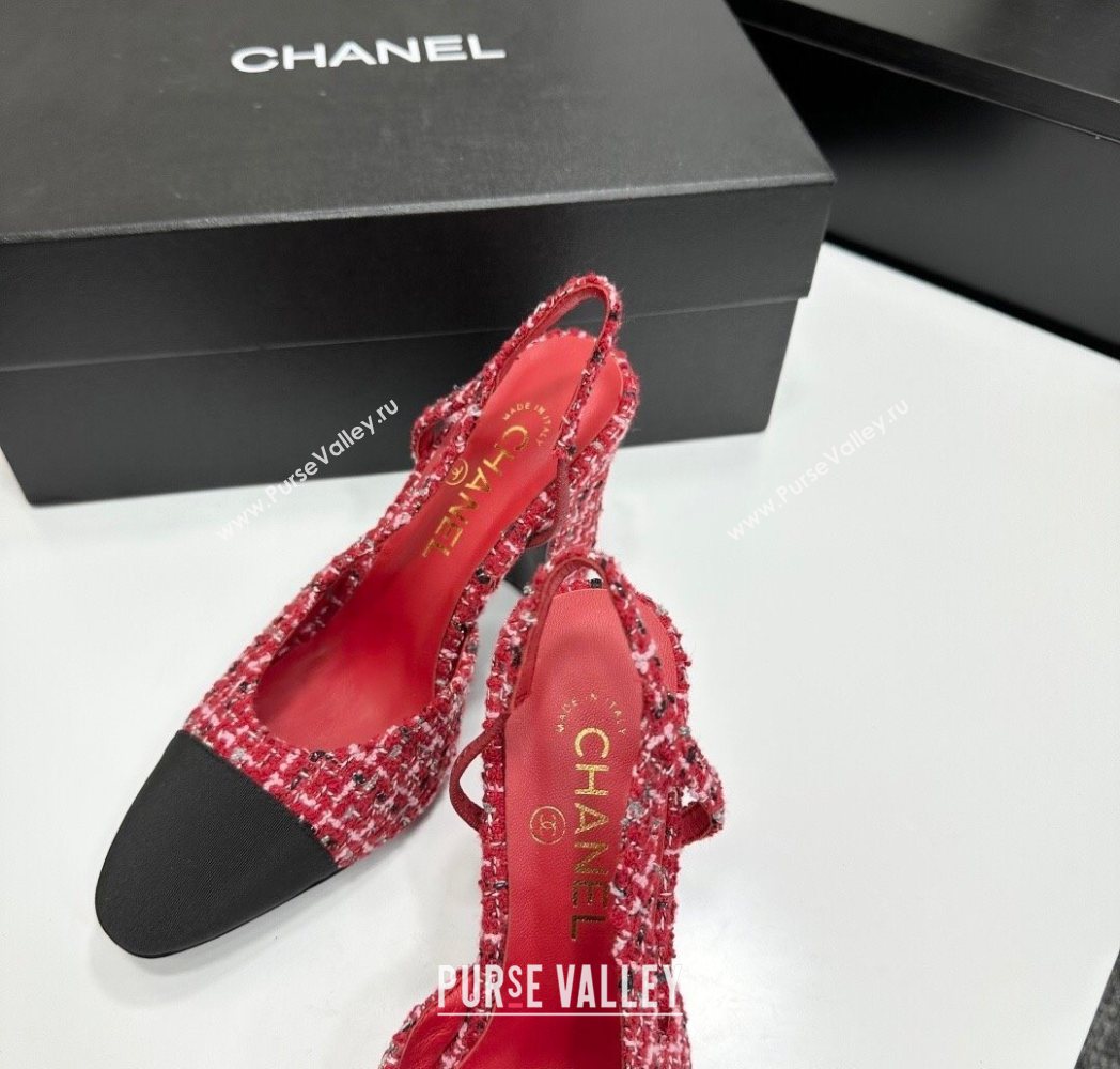 Chanel Tweed Grosgrain Slingback Pumps 9cm Red/Black 2025 G45509 1223 (MD-251223047)