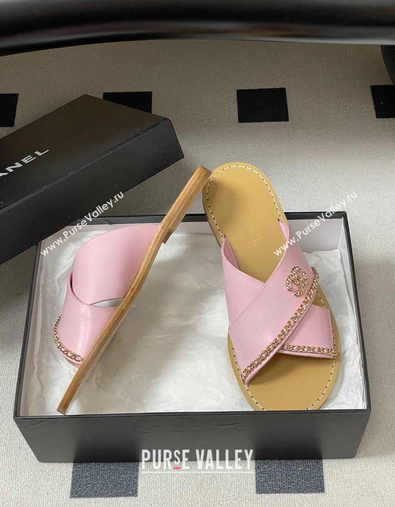 Chanel Calfskin Leather Flat Slides Sandal with Chain Pink 2025 G46976 (KL-251223103)