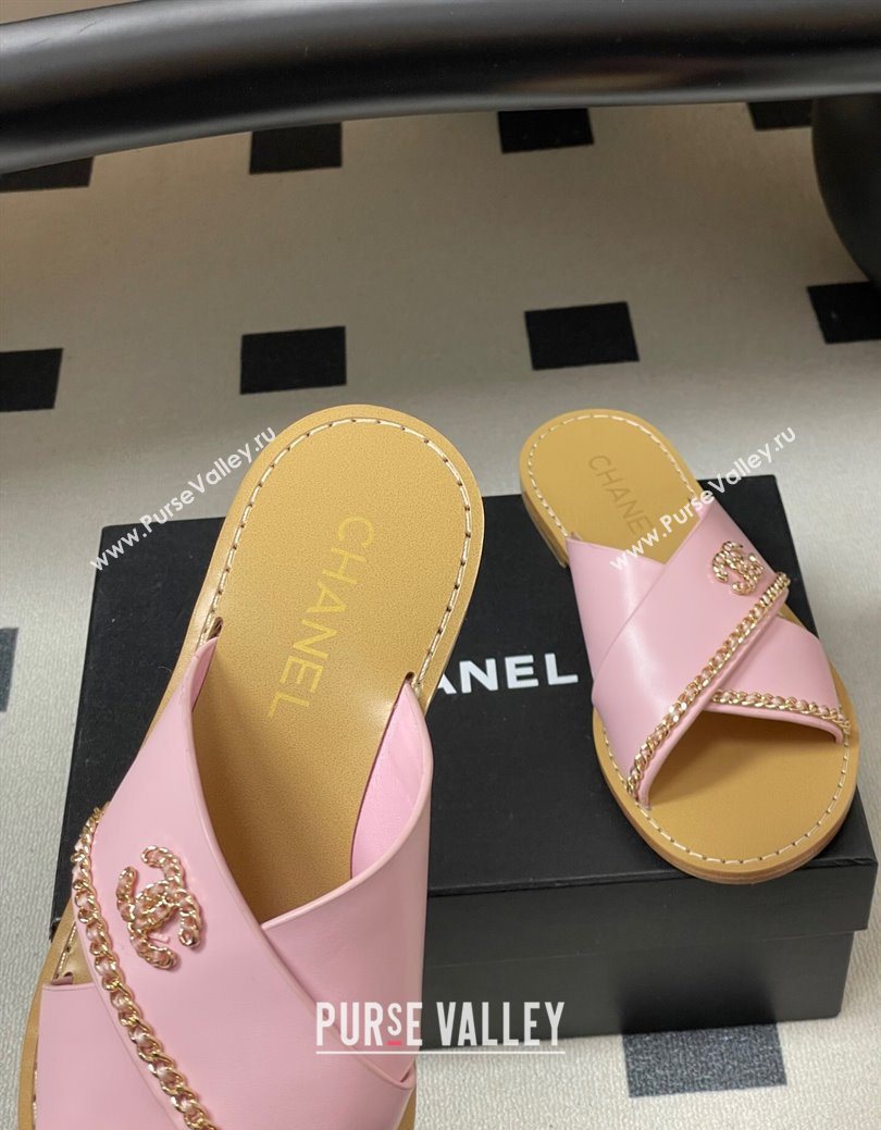 Chanel Calfskin Leather Flat Slides Sandal with Chain Pink 2025 G46976 (KL-251223103)