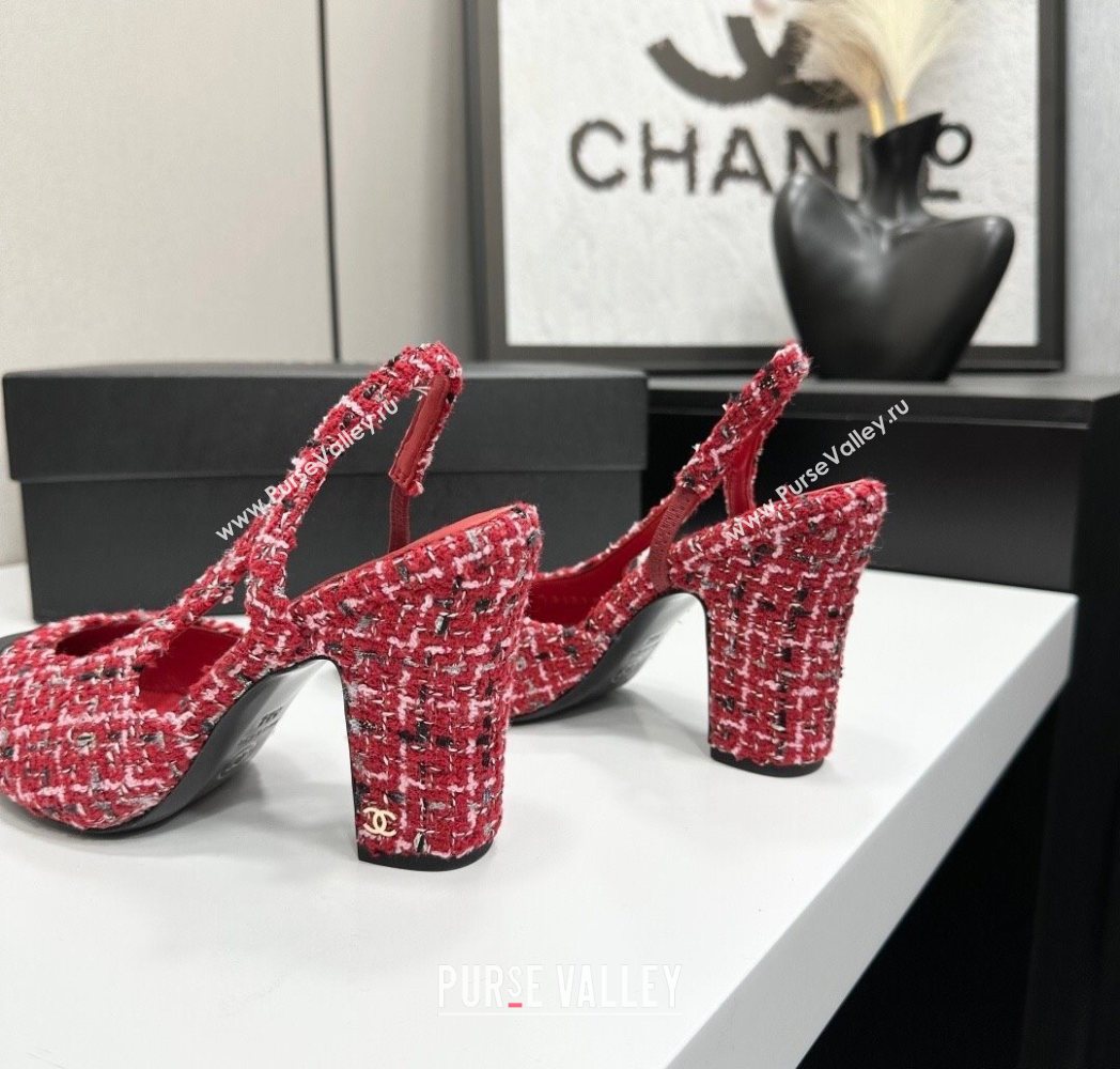Chanel Tweed Grosgrain Slingback Pumps 9cm Red/Black 2025 G45509 1223 (MD-251223047)