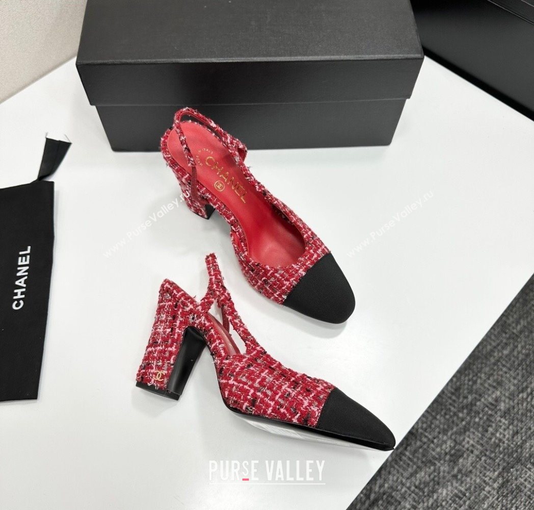 Chanel Tweed Grosgrain Slingback Pumps 9cm Red/Black 2025 G45509 1223 (MD-251223047)