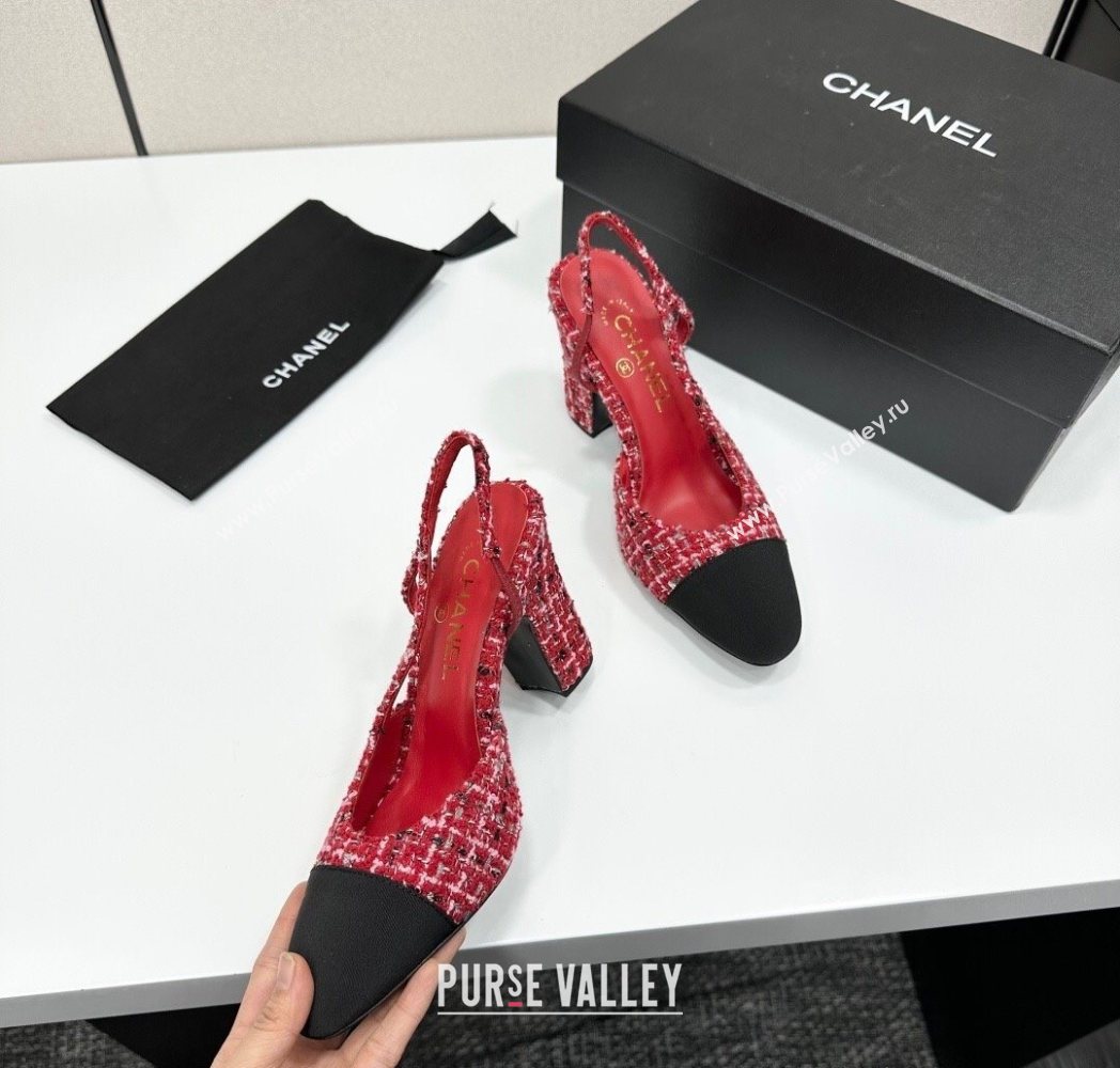 Chanel Tweed Grosgrain Slingback Pumps 9cm Red/Black 2025 G45509 1223 (MD-251223047)