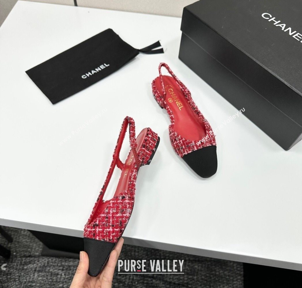 Chanel Tweed Grosgrain Slingbacks Flat Red/Black 2025 G31319 (MD-251223058)