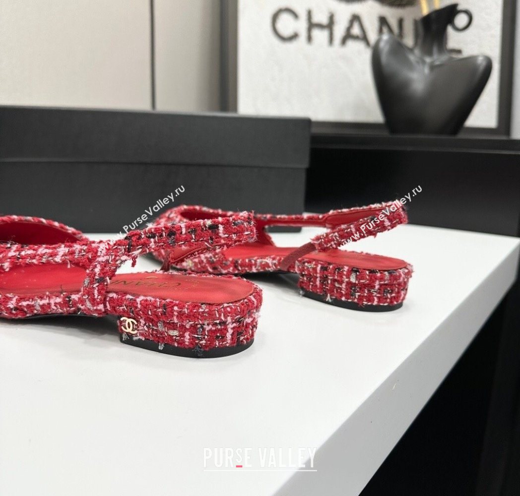 Chanel Tweed Grosgrain Slingbacks Flat Red/Black 2025 G31319 (MD-251223058)