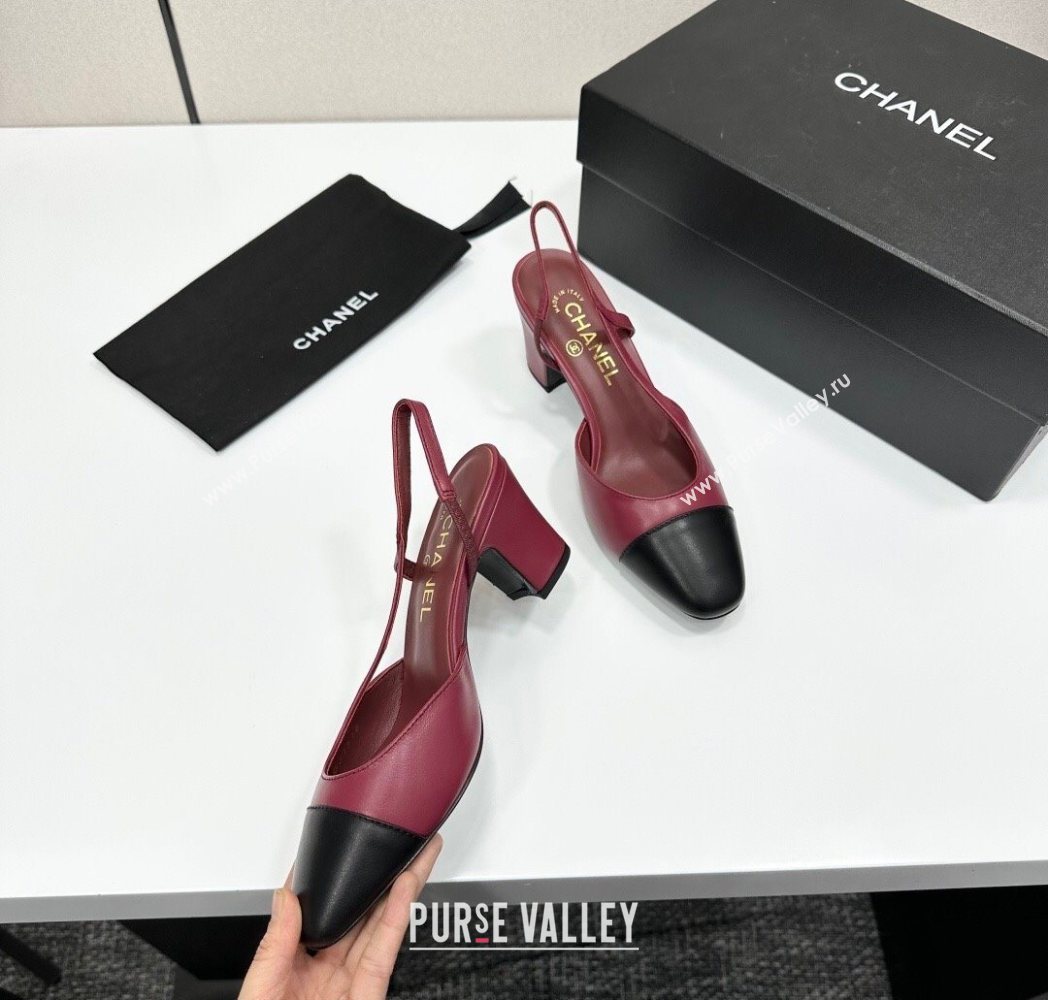 Chanel Calfskin Leather Slingbacks Pump 6.5cm Burgundy/Black 2025 G31318 1223 (MD-251223060)