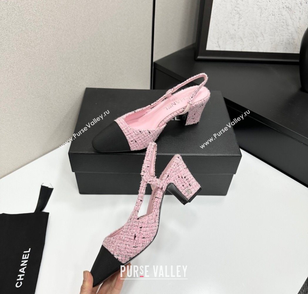 Chanel Tweed Grosgrain Slingbacks Pump 6.5cm Light Pink/Black 2025 G31318 1223 (MD-251223061)