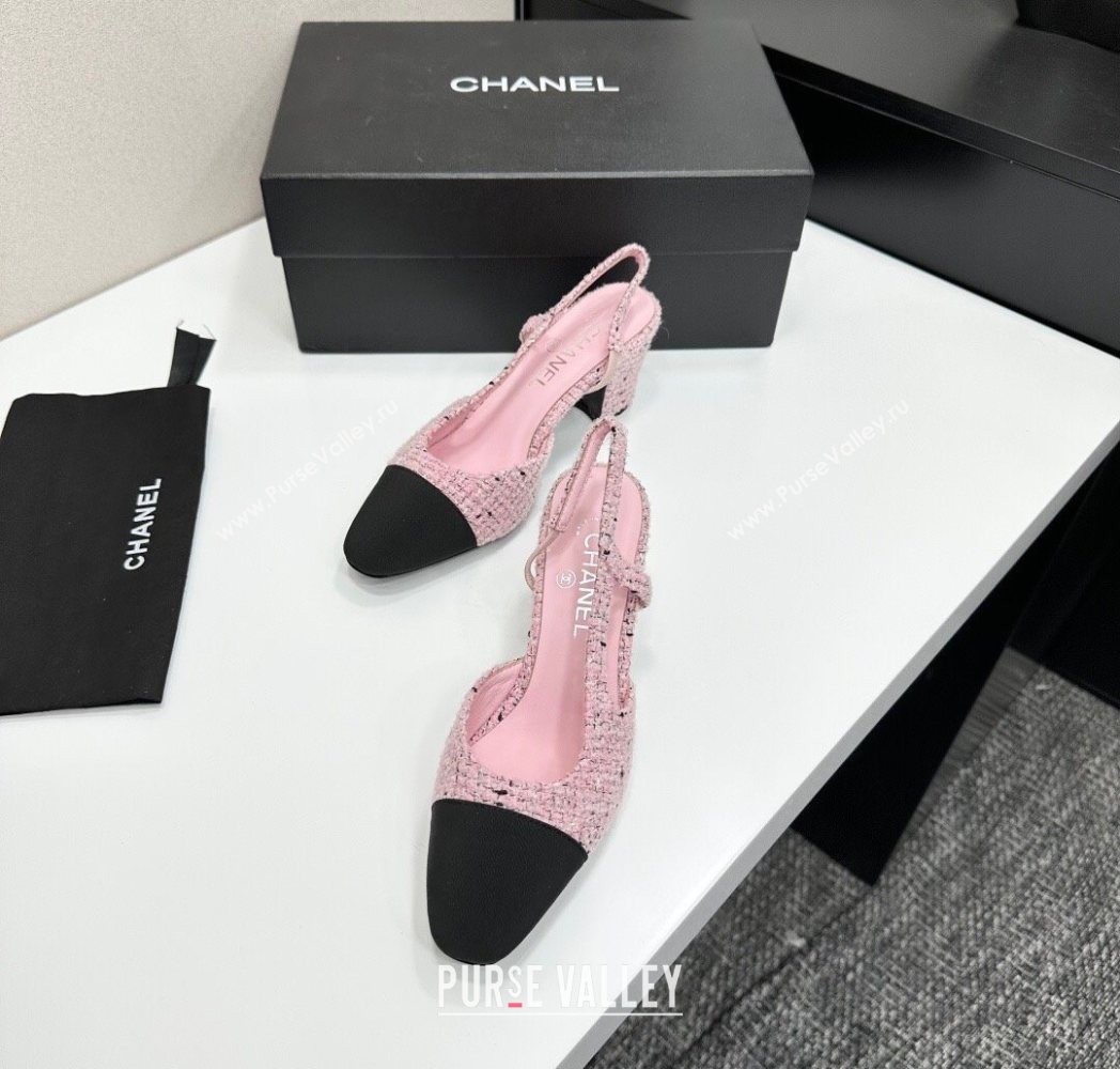 Chanel Tweed Grosgrain Slingbacks Pump 6.5cm Light Pink/Black 2025 G31318 1223 (MD-251223061)
