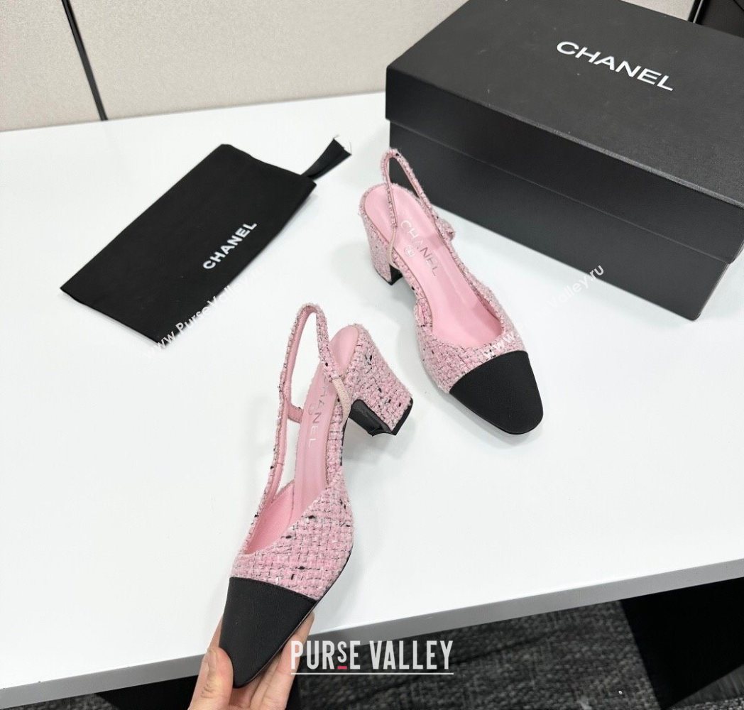 Chanel Tweed Grosgrain Slingbacks Pump 6.5cm Light Pink/Black 2025 G31318 1223 (MD-251223061)