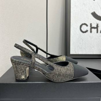 Chanel Tweed Grosgrain Slingbacks Pump 6.5cm Black/Gold 2025 G31318 1223 (MD-251223063)