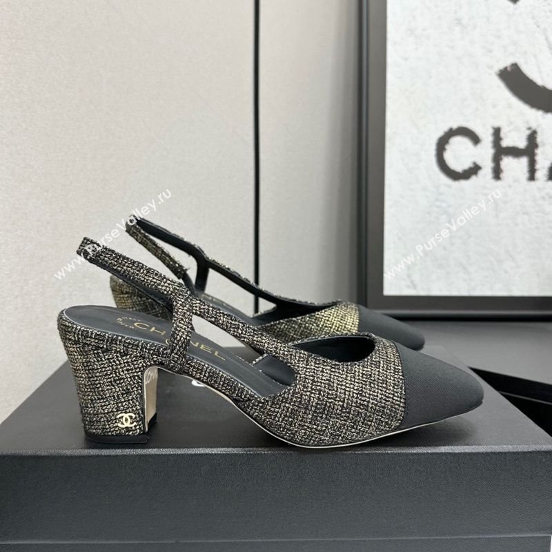 Chanel Tweed Grosgrain Slingbacks Pump 6.5cm Black/Gold 2025 G31318 1223 (MD-251223063)