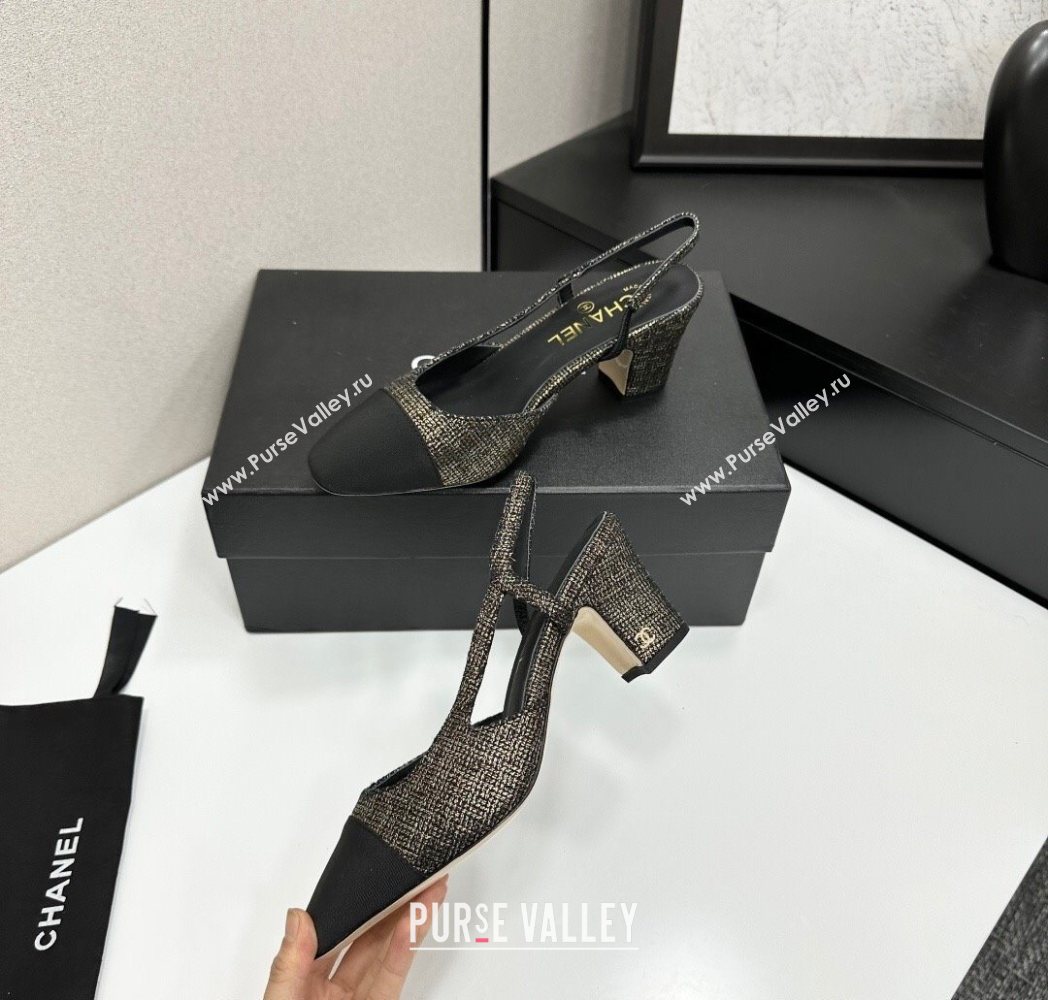 Chanel Tweed Grosgrain Slingbacks Pump 6.5cm Black/Gold 2025 G31318 1223 (MD-251223063)
