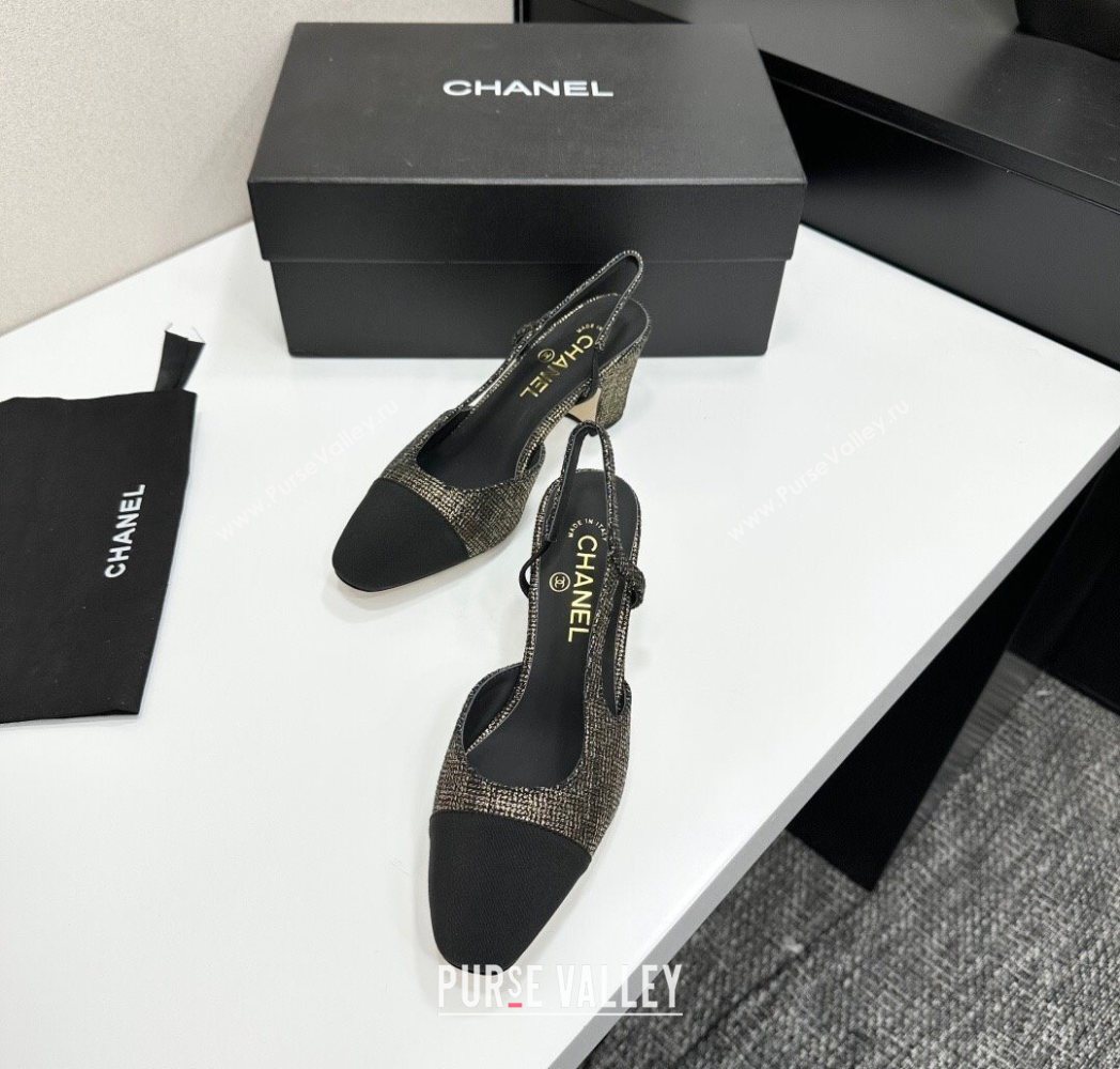 Chanel Tweed Grosgrain Slingbacks Pump 6.5cm Black/Gold 2025 G31318 1223 (MD-251223063)