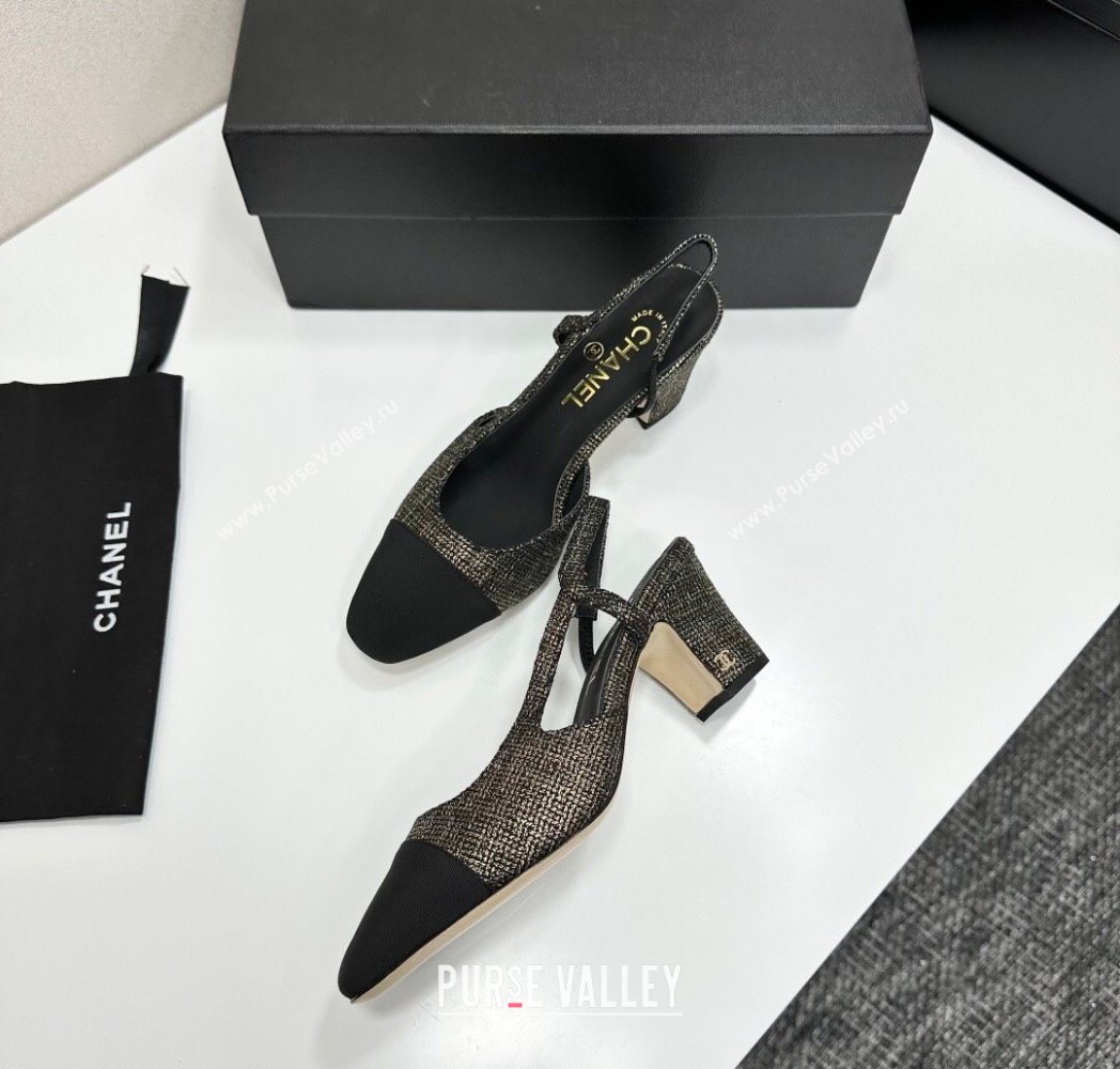 Chanel Tweed Grosgrain Slingbacks Pump 6.5cm Black/Gold 2025 G31318 1223 (MD-251223063)