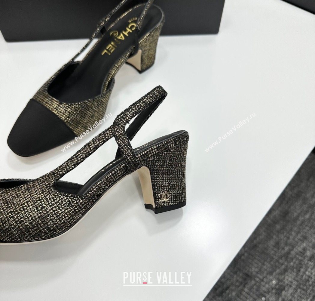 Chanel Tweed Grosgrain Slingbacks Pump 6.5cm Black/Gold 2025 G31318 1223 (MD-251223063)