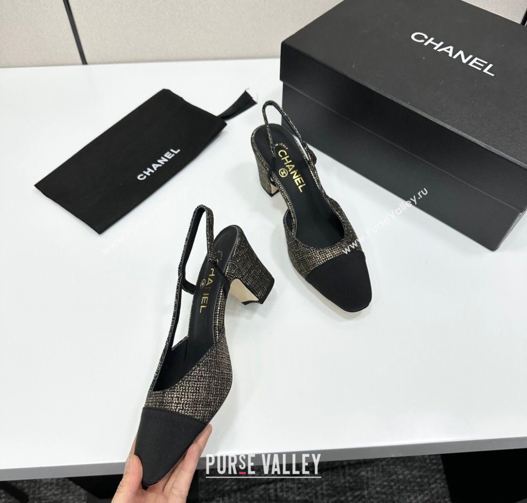 Chanel Tweed Grosgrain Slingbacks Pump 6.5cm Black/Gold 2025 G31318 1223 (MD-251223063)