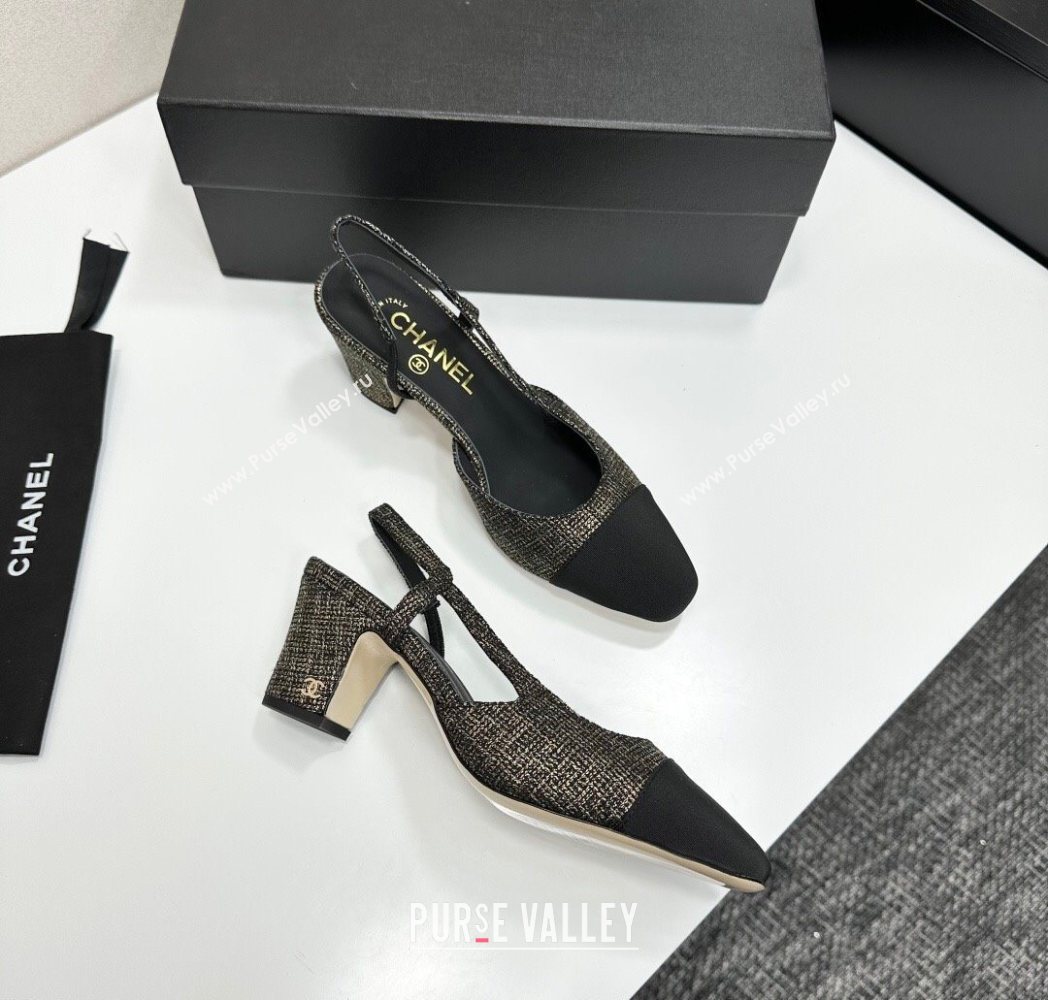Chanel Tweed Grosgrain Slingbacks Pump 6.5cm Black/Gold 2025 G31318 1223 (MD-251223063)