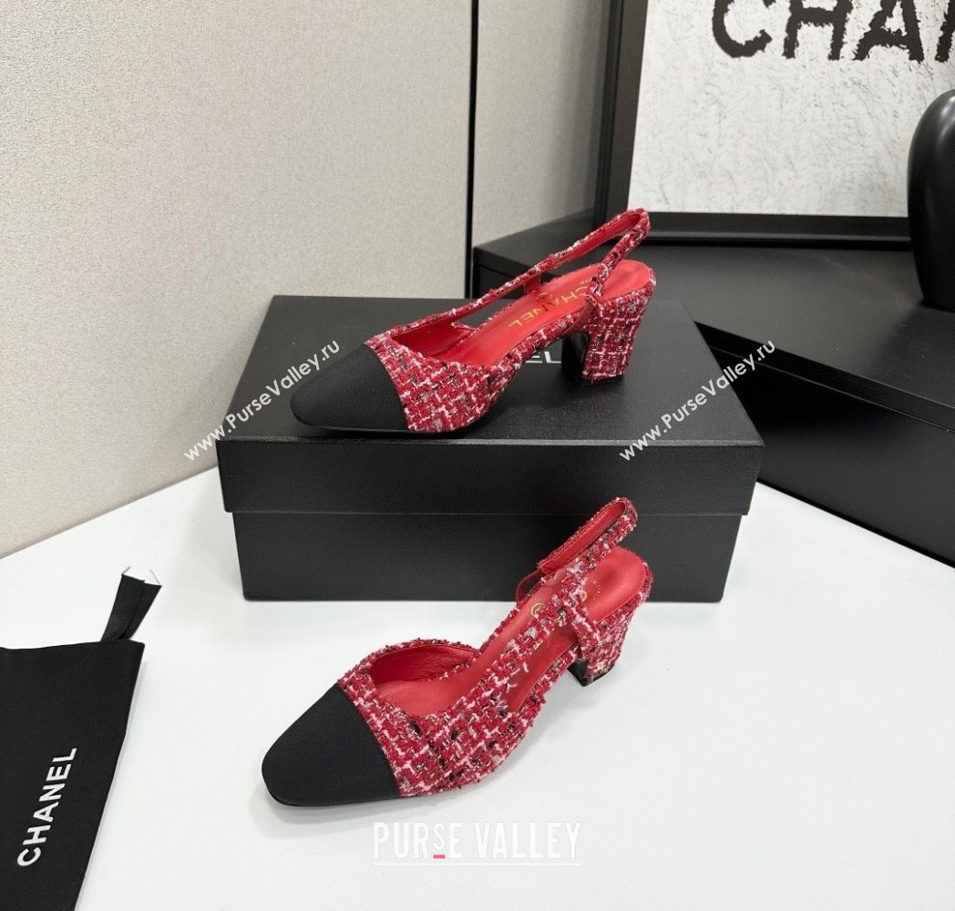 Chanel Tweed Grosgrain Slingbacks Pump 6.5cm Red/Black 2025 G31318 1223 (MD-251223065)