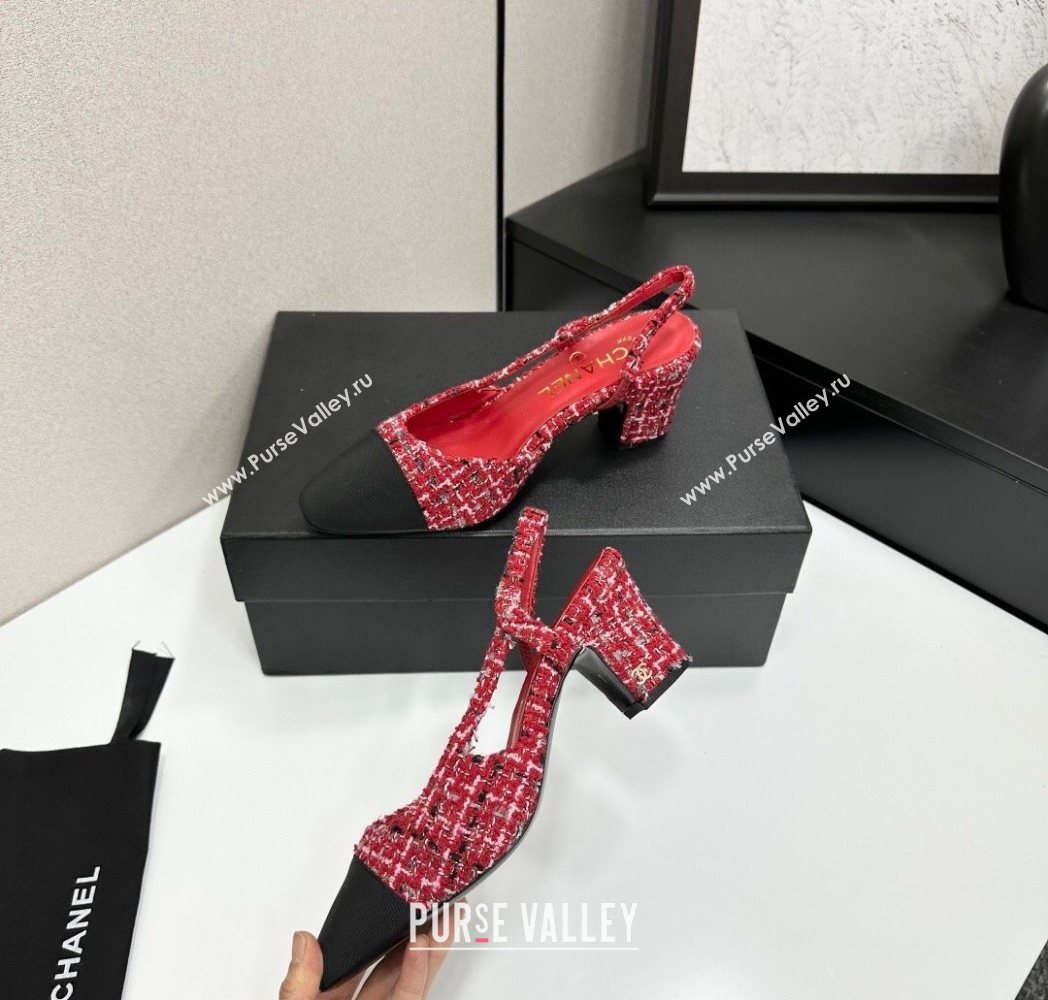 Chanel Tweed Grosgrain Slingbacks Pump 6.5cm Red/Black 2025 G31318 1223 (MD-251223065)