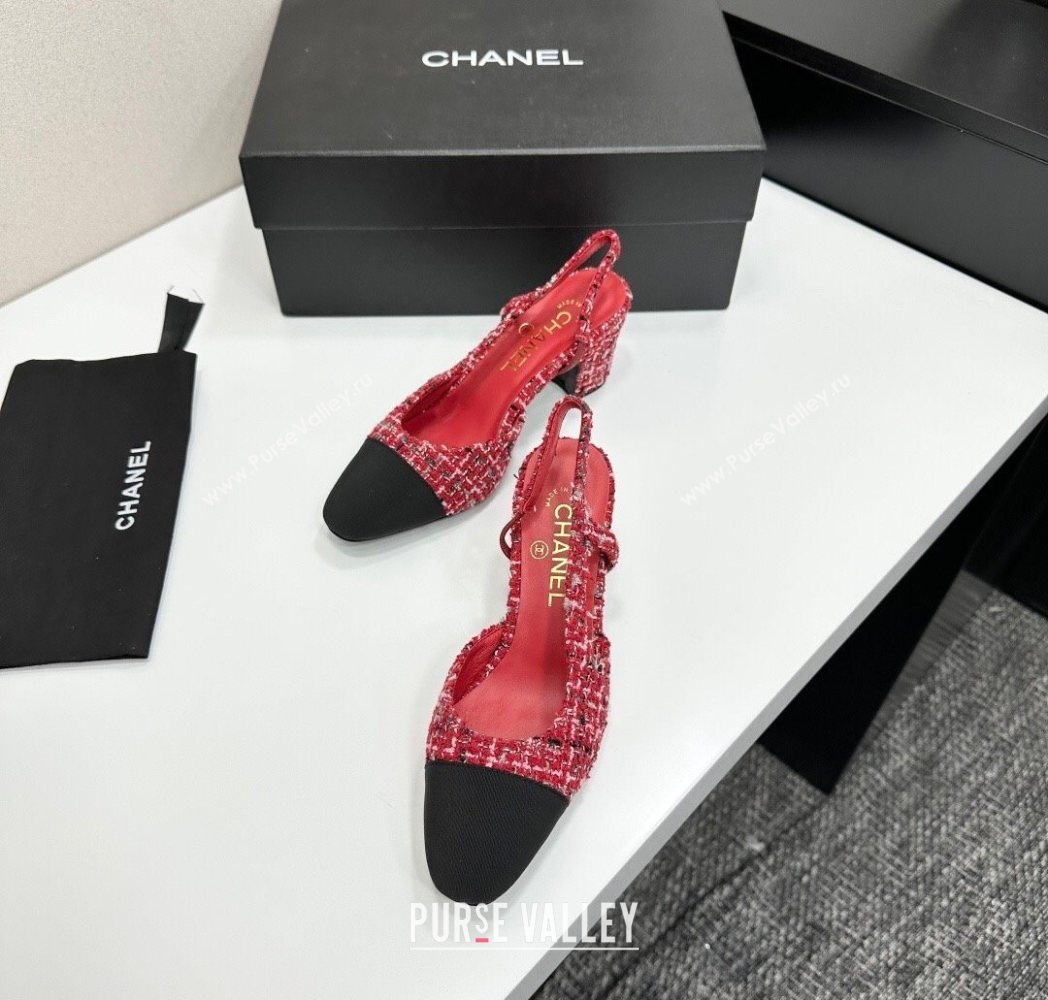 Chanel Tweed Grosgrain Slingbacks Pump 6.5cm Red/Black 2025 G31318 1223 (MD-251223065)