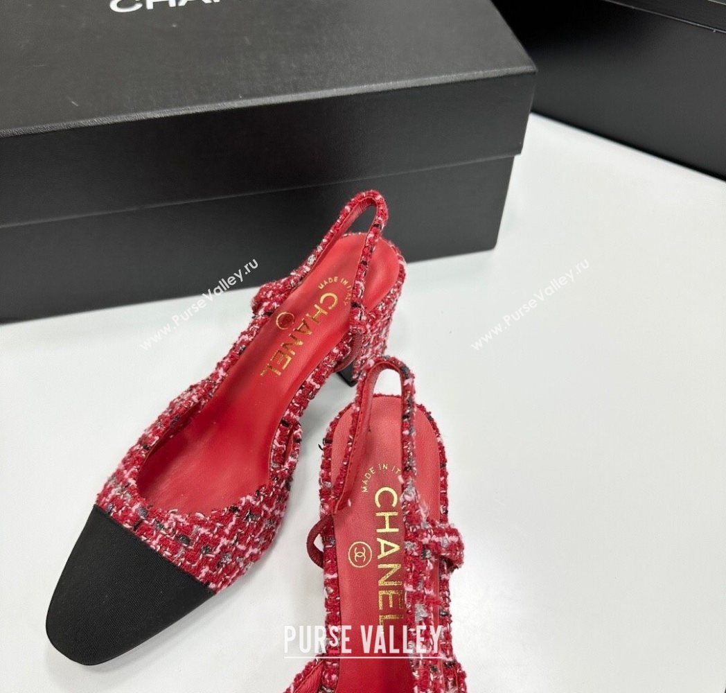 Chanel Tweed Grosgrain Slingbacks Pump 6.5cm Red/Black 2025 G31318 1223 (MD-251223065)