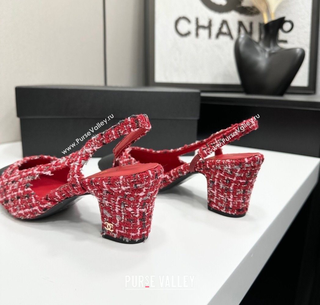 Chanel Tweed Grosgrain Slingbacks Pump 6.5cm Red/Black 2025 G31318 1223 (MD-251223065)