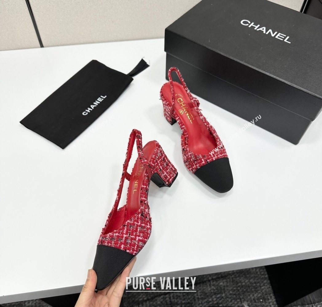 Chanel Tweed Grosgrain Slingbacks Pump 6.5cm Red/Black 2025 G31318 1223 (MD-251223065)