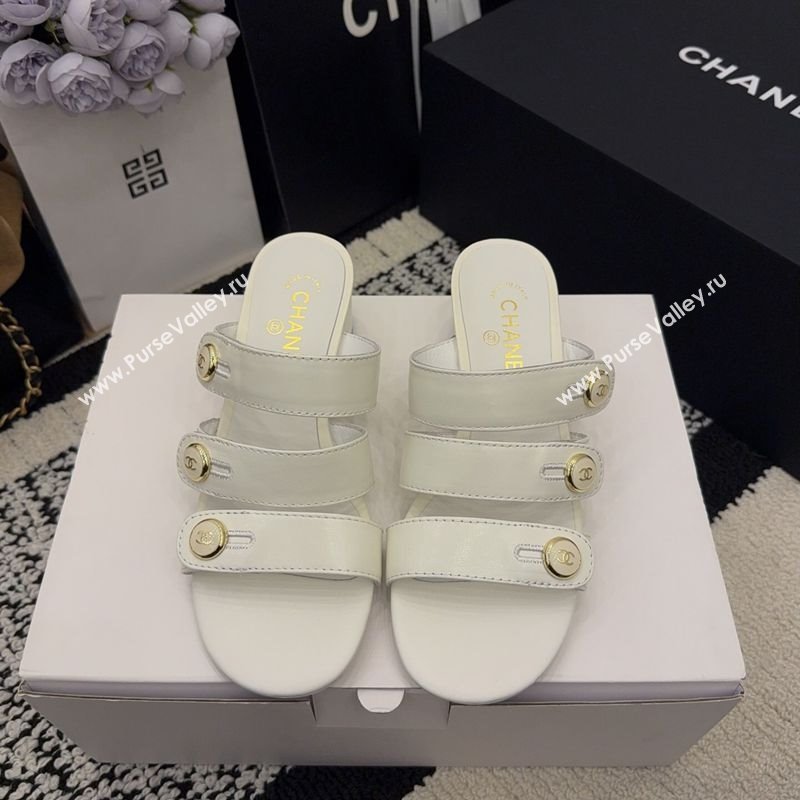Chanel Shiny Calfskin Leather Heel Slides Sandal 4cm with Button Strap White 2025 G46798 (MD-251223066)
