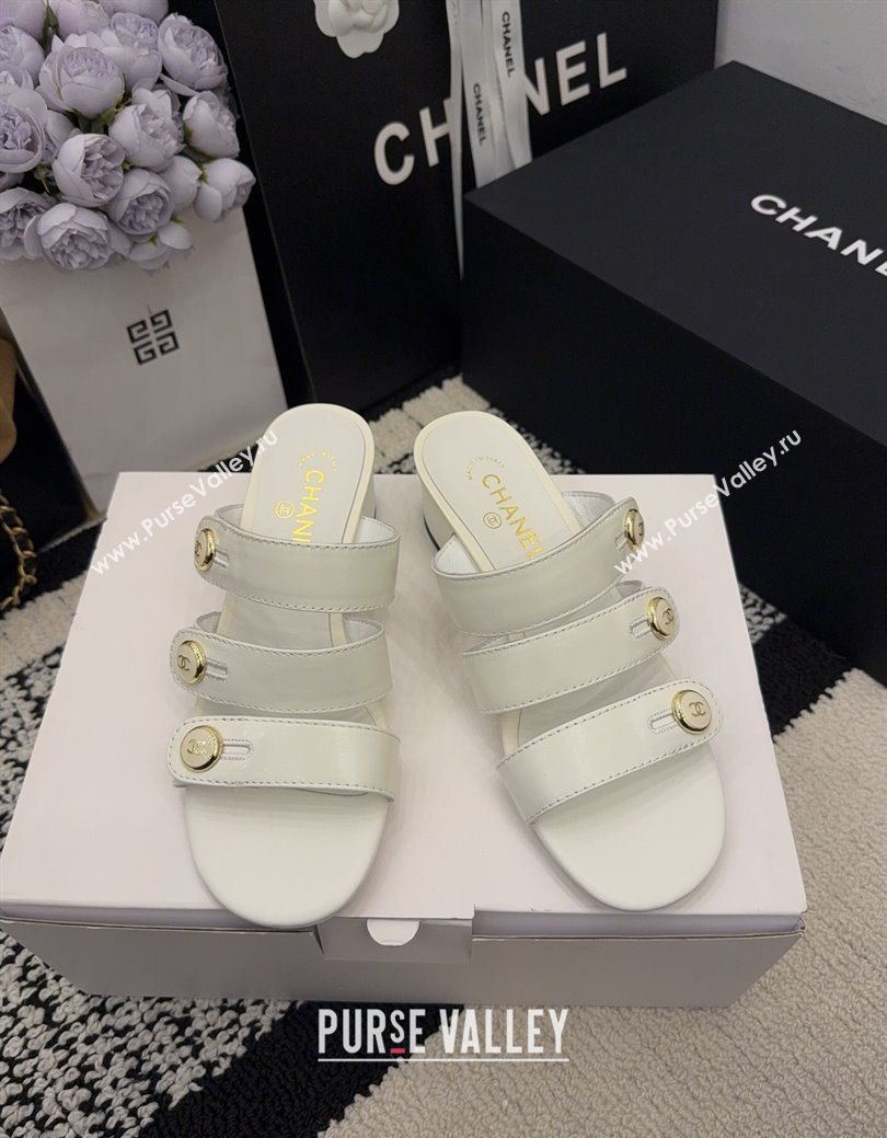Chanel Shiny Calfskin Leather Heel Slides Sandal 4cm with Button Strap White 2025 G46798 (MD-251223066)