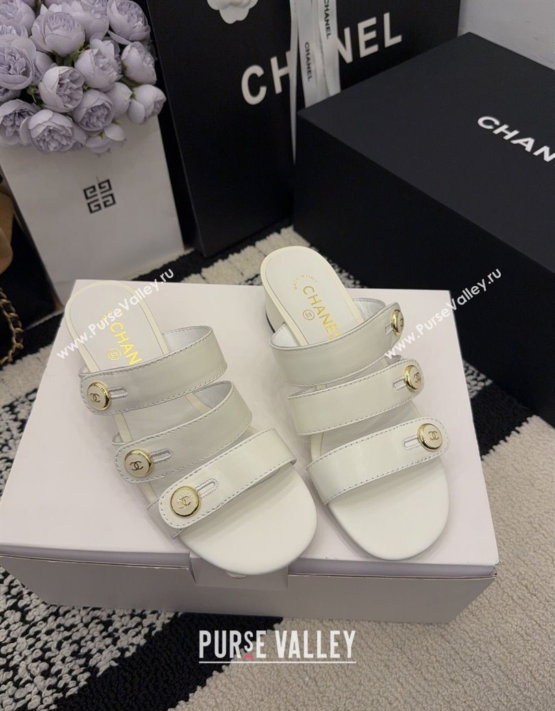 Chanel Shiny Calfskin Leather Heel Slides Sandal 4cm with Button Strap White 2025 G46798 (MD-251223066)