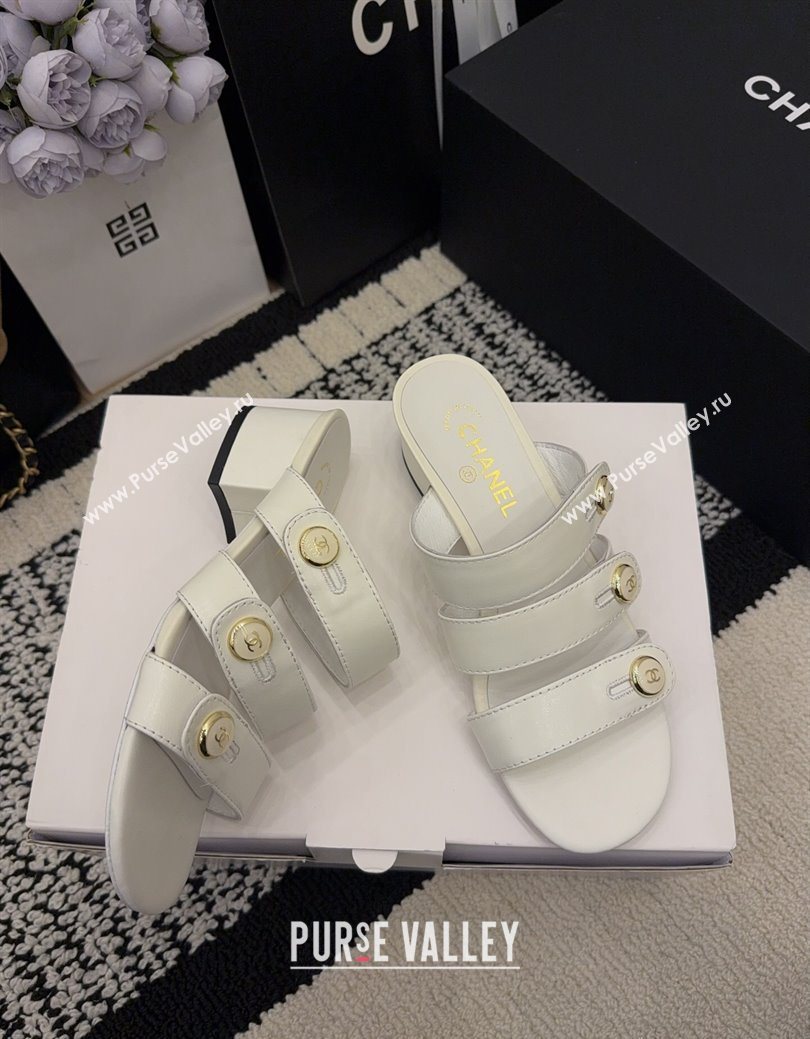 Chanel Shiny Calfskin Leather Heel Slides Sandal 4cm with Button Strap White 2025 G46798 (MD-251223066)