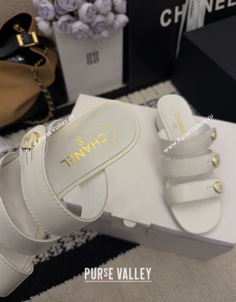 Chanel Shiny Calfskin Leather Heel Slides Sandal 4cm with Button Strap White 2025 G46798 (MD-251223066)