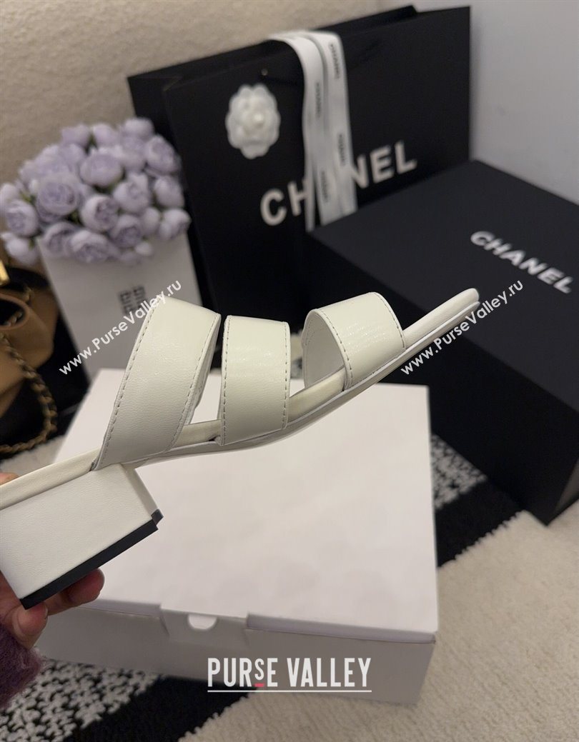 Chanel Shiny Calfskin Leather Heel Slides Sandal 4cm with Button Strap White 2025 G46798 (MD-251223066)