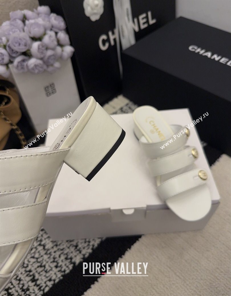 Chanel Shiny Calfskin Leather Heel Slides Sandal 4cm with Button Strap White 2025 G46798 (MD-251223066)
