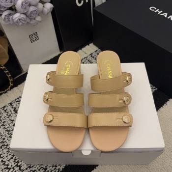 Chanel Shiny Calfskin Leather Heel Slides Sandal 4cm with Button Strap Beige 2025 G46798 (MD-251223067)
