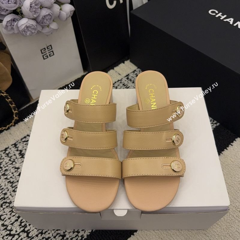 Chanel Shiny Calfskin Leather Heel Slides Sandal 4cm with Button Strap Beige 2025 G46798 (MD-251223067)