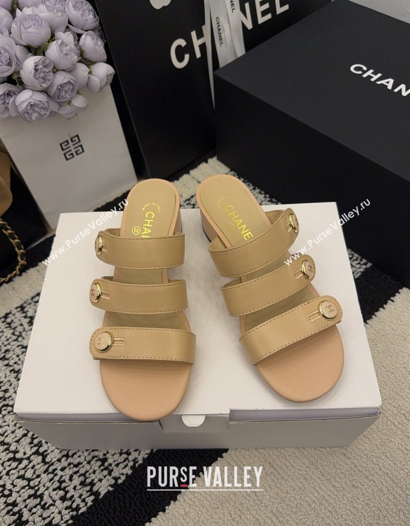 Chanel Shiny Calfskin Leather Heel Slides Sandal 4cm with Button Strap Beige 2025 G46798 (MD-251223067)