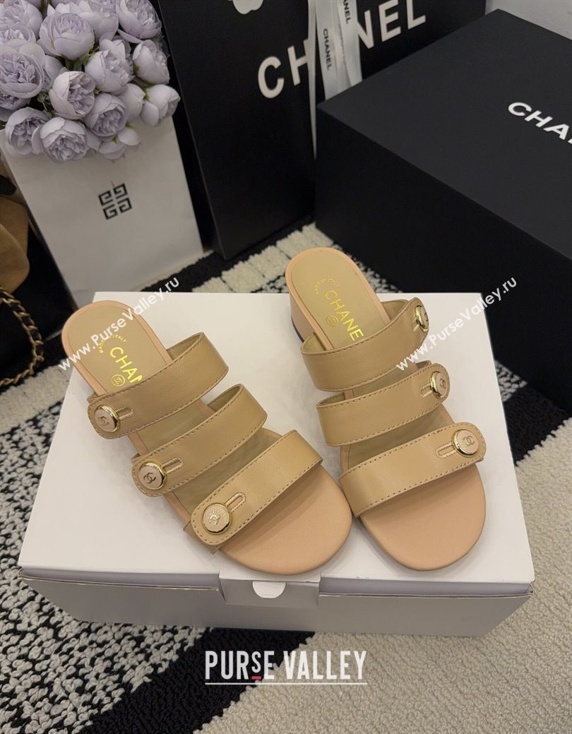 Chanel Shiny Calfskin Leather Heel Slides Sandal 4cm with Button Strap Beige 2025 G46798 (MD-251223067)