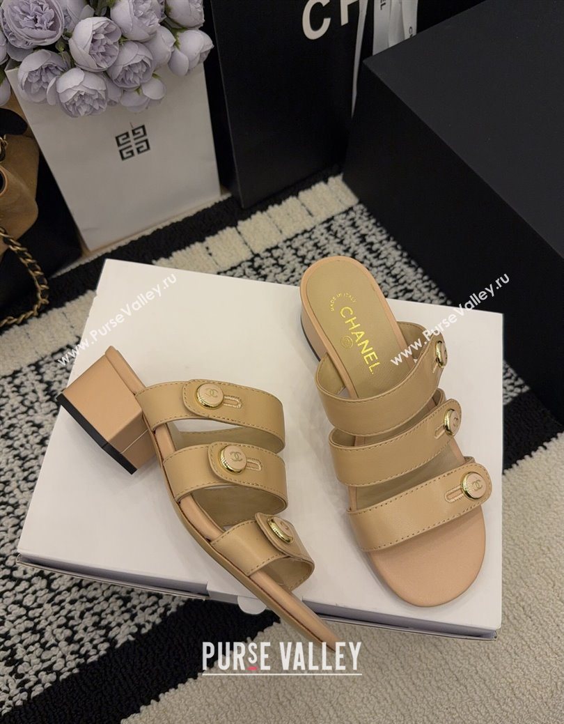 Chanel Shiny Calfskin Leather Heel Slides Sandal 4cm with Button Strap Beige 2025 G46798 (MD-251223067)