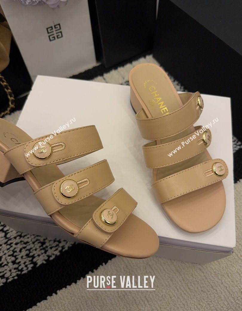 Chanel Shiny Calfskin Leather Heel Slides Sandal 4cm with Button Strap Beige 2025 G46798 (MD-251223067)