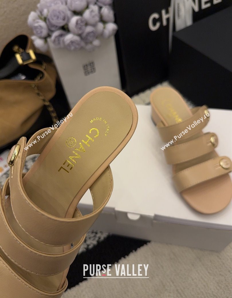 Chanel Shiny Calfskin Leather Heel Slides Sandal 4cm with Button Strap Beige 2025 G46798 (MD-251223067)