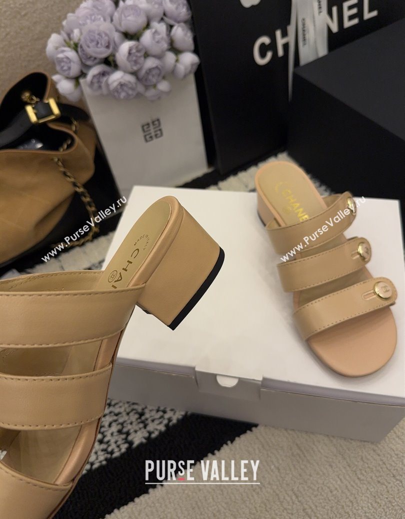 Chanel Shiny Calfskin Leather Heel Slides Sandal 4cm with Button Strap Beige 2025 G46798 (MD-251223067)