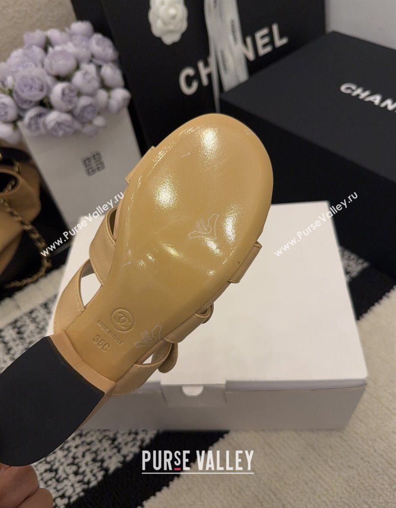 Chanel Shiny Calfskin Leather Heel Slides Sandal 4cm with Button Strap Beige 2025 G46798 (MD-251223067)