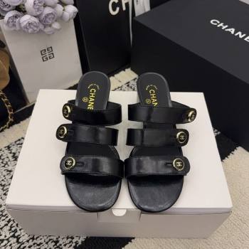 Chanel Shiny Calfskin Leather Heel Slides Sandal 4cm with Button Strap Black 2025 G46798 (MD-251223068)