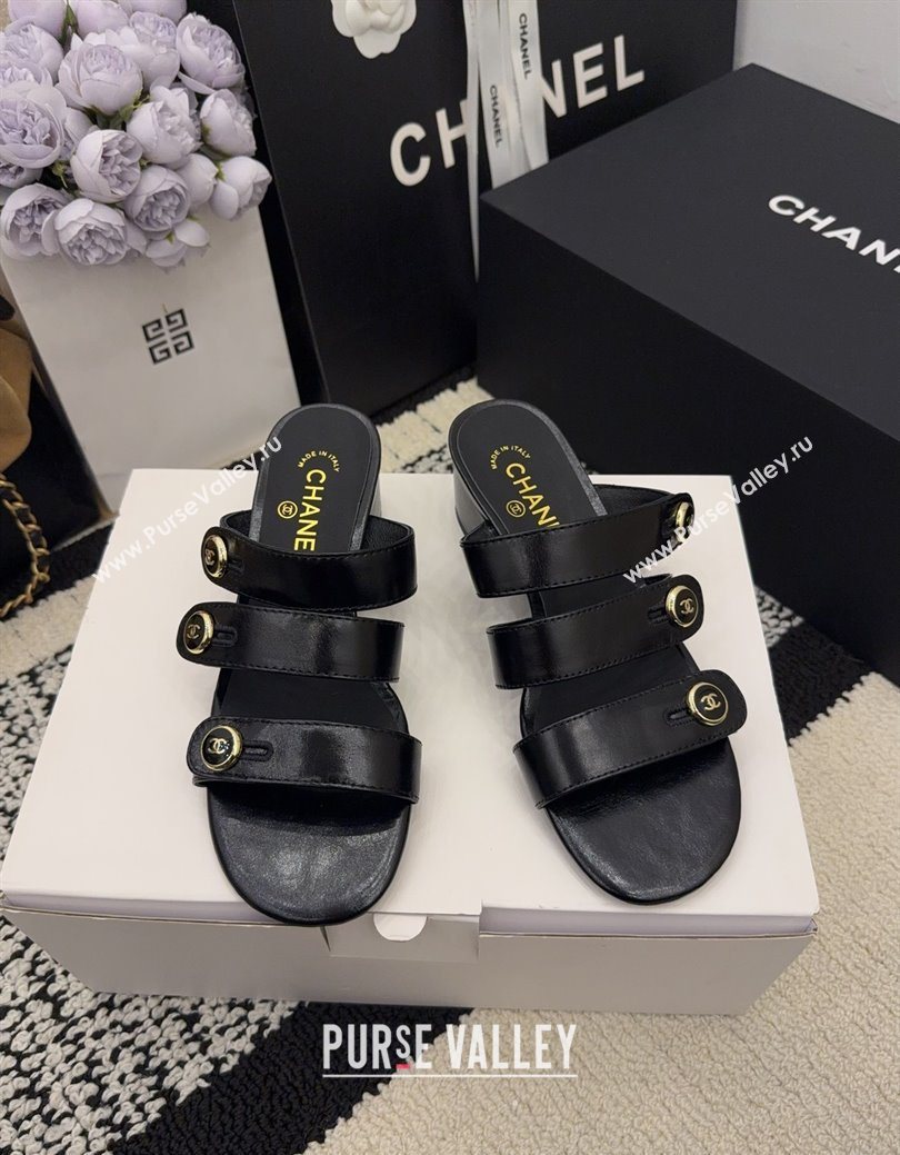 Chanel Shiny Calfskin Leather Heel Slides Sandal 4cm with Button Strap Black 2025 G46798 (MD-251223068)