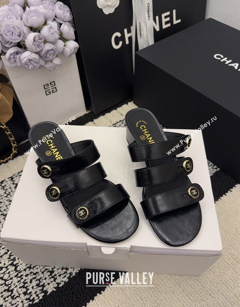 Chanel Shiny Calfskin Leather Heel Slides Sandal 4cm with Button Strap Black 2025 G46798 (MD-251223068)