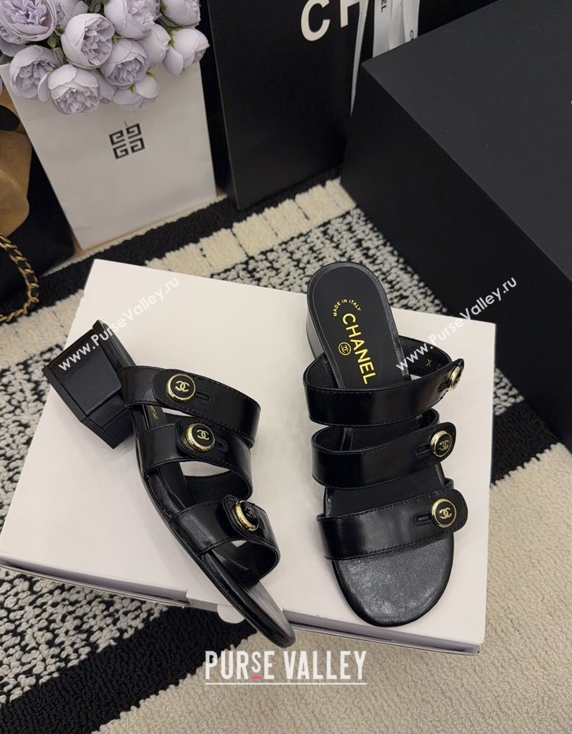 Chanel Shiny Calfskin Leather Heel Slides Sandal 4cm with Button Strap Black 2025 G46798 (MD-251223068)