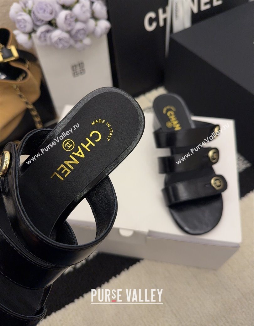 Chanel Shiny Calfskin Leather Heel Slides Sandal 4cm with Button Strap Black 2025 G46798 (MD-251223068)